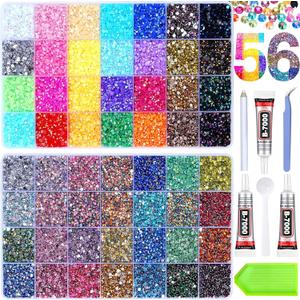 61000Pcs 56 Colors Jelly Rhinestones for Bedazzling, 2 Boxes Resin Multicolor 3mm Flatback Gems for Crafting, Bedazzler Kit with 3Pcs 15ml B7000 Jewelry Glue for Crafts Clothes Book Shoes Nail Art