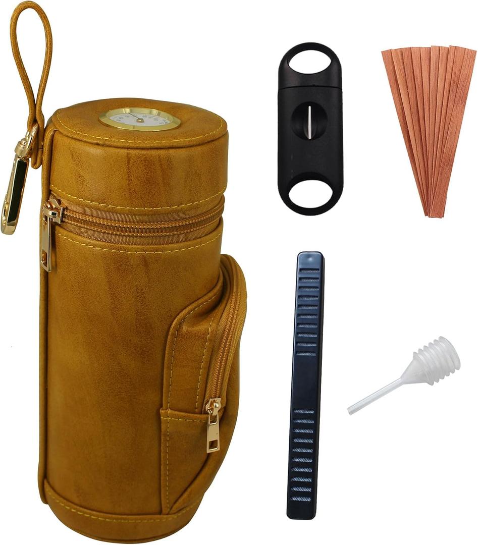 DECKEEP Yellow Brown Cylindrical Cigar Jar, Portable Cigar Humidor Case with Cigars V-Cut Cigar Cutter,Cedar Wood Strips,Front Useful Cigar Accessories Pocket Pouch,Hold 5 Cigars (Brown)