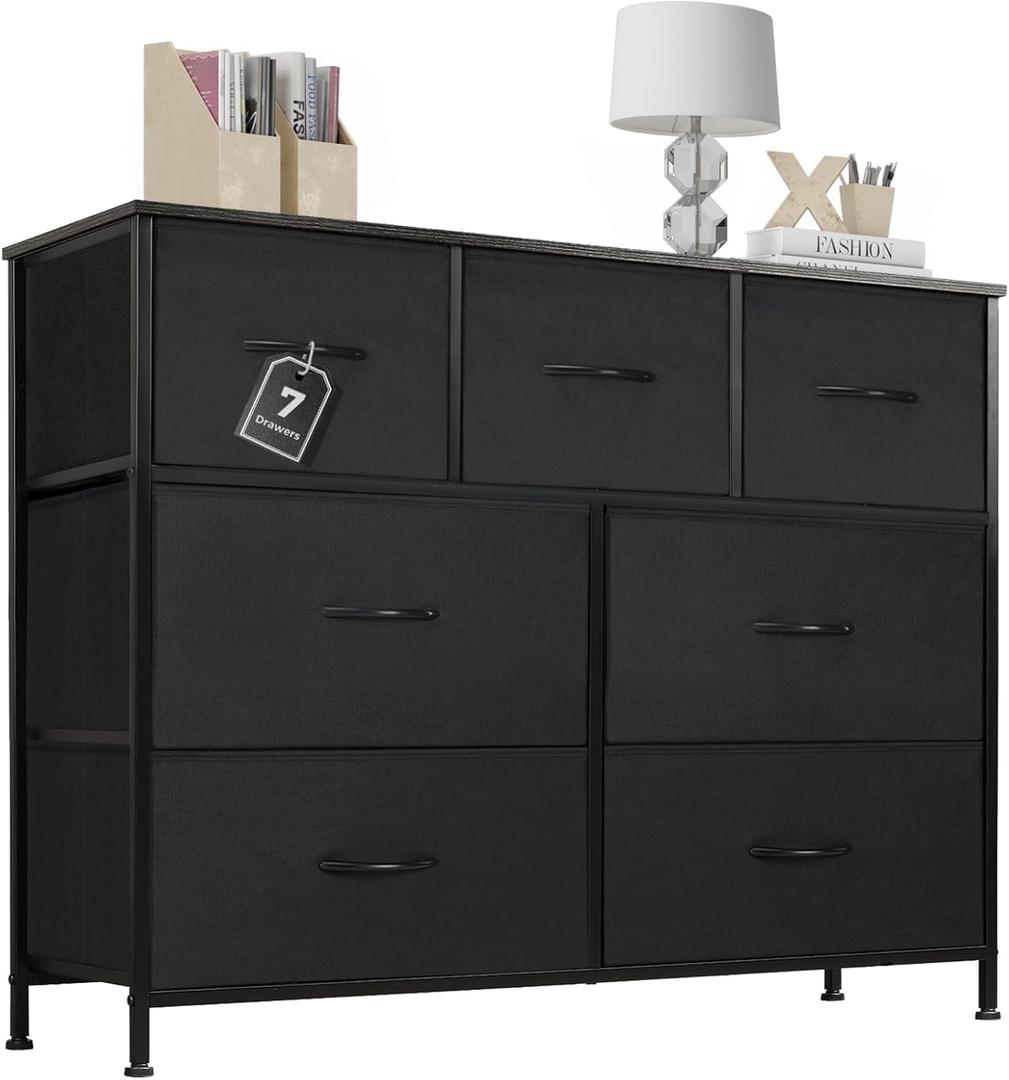 Storage Chest with Acacia Wood, 7 Drawer Organizer, Multi-Functional Bedroom Dresser, Storage Cabinet, Black, 39.0" L x 11.0" W x 30.0" H