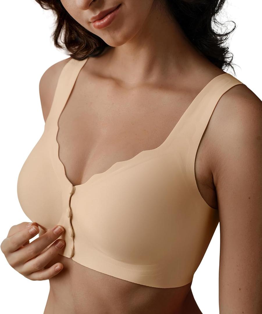 SHARICCA Seamless Front Closure Bras for Women Wireless Full Coverage Support Bra Comfortable No Underwire Everyday Bras (Beige, L)