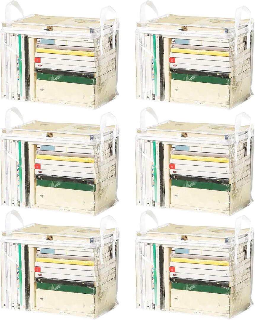 6-Pack Extra Large Clear Book Toy Storage Bags Plastic Comic Books Organizer Collapsible Book Display Case with Lid and Lifting Handle Suitable for Books and Toys,Size38x24x32cm/15x9x13inches