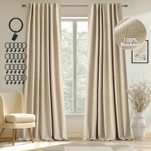 MIULEE 100% Blackout Curtains 84 inches Long, Linen Curtains & Drapes for Bedroom Back Tab Living Black Out Window Treatments Thermal Insulated Room Darkening Rod Pocket, Oatmeal Beige, 2 Panels