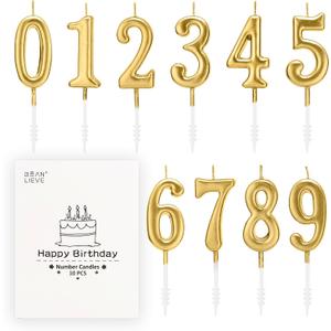 Beanlieve 10-Pieces Numeral Birthday Candles - Cake Numeric Candles Number 0 1 2 3 4 5 6 7 8 9,Used for Cake Decoration on Birthday Parties and Wedding Anniversary Celebrations(Champagne Gold)