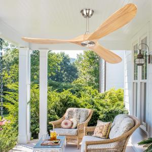 60 Ceiling Fans Without Lights, Wood Ceiling Fan with Remote Control No Light, Outdoor Propeller Ceiling Fan with 3 Blades,Brushed Nickel Outdoor Ceiling Fans for Patios (Nature Wood)