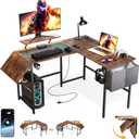 L Shaped Gaming Desk with Desk Extender, 47-59in Smart Corner Computer Desk with LED Lights & Power Outlets, Monitor Stand, Storage Bag, for Work, Home Office, Bedroom, Study, Rustic Brown