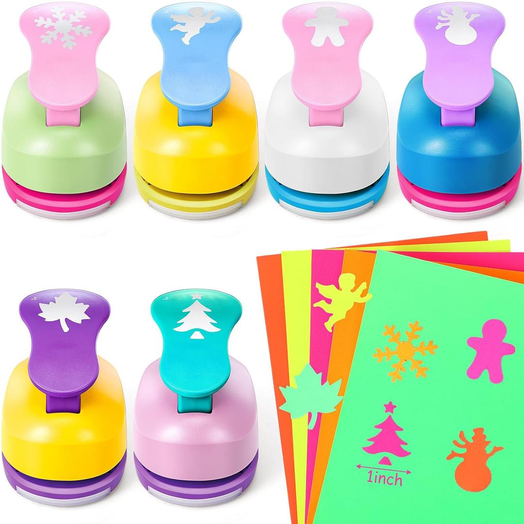 CHENGU 16 Pcs Craft Holes Punch Paper Punchers Scrapbook Punches with Craft Sticker Paper, Round, Star, Square, Heart, Flower, Wave Circle Shape (1 Inch,Christmas)