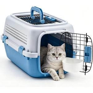 NEWBULIG 23" Hard-Sided Dog Carrier for Small Dogs & Cats, Blue | Plastic Dog Crate, Up to 22 lbs, 4-Sided Ventilation, Top & Front Door Access, Metal Wire Door, Integrated Food Bowl