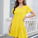 Alaster Queen Womens 2025 Summer T Shirt Pleated Dress Short Sleeve Casual Swing Tunic Dress with Pockets (Yellow, S)