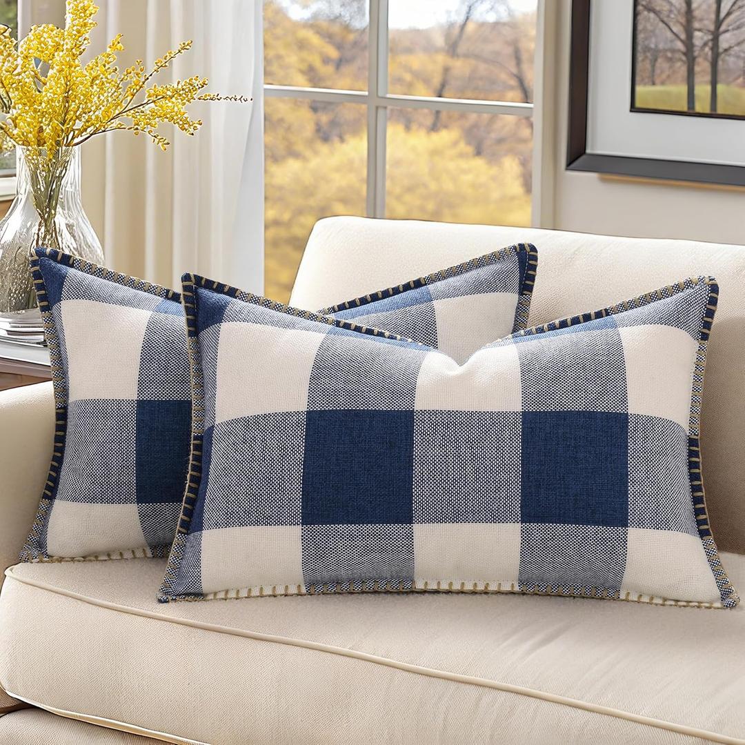 decorUhome Summer Buffalo Plaid Check Throw Pillow Covers 12x20 Set of 2 Outdoor Lumbar Linen Decorative Farmhouse Gingham Pillow Covers with Stitched Edge for Bed Couch Sofa, Navy Blue and White