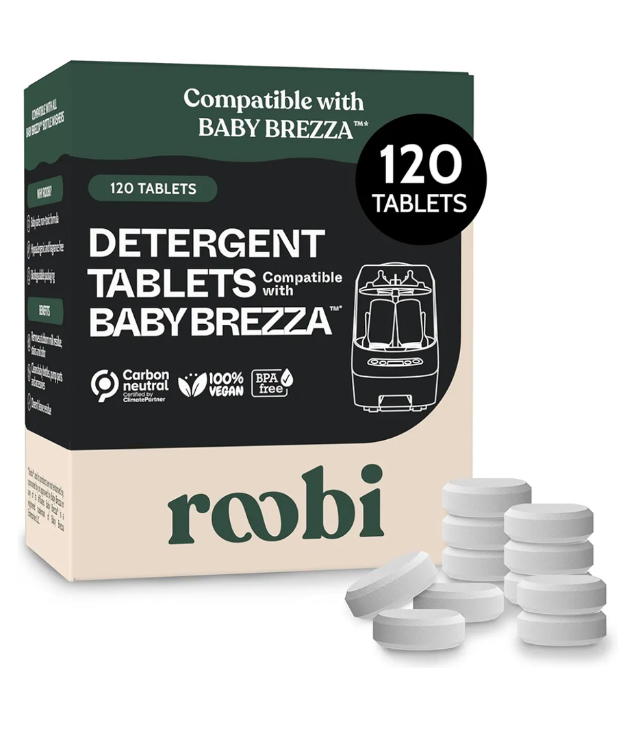 Roobi Detergent Tablets Compatible with Baby Brezza Bottle Washer Pro. Removes Milk Residue & Odor, Hypoallergenic Carbon Neutral Formula. 120 Count.