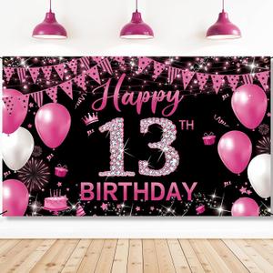 PHXEY Fabric 13th Birthday Banner Backdrop, Happy 13th Birthday Decoration for Girls Hot Pink, 13 Year Old Birthday Party Photo Booth Props Yard Sign Decor, Indoor Outdoor(6.1 x 3.6ft)