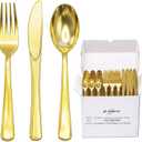 153 Pack Gold Plastic Silverware - Heavy Duty Gold Silverware Set - 51 Forks, 51 Knives, 51 Spoons Plastic Cutlery Disposable Utensils Set for Holiday Party Dinner Wedding Gathering