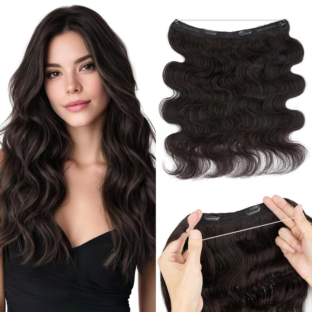 MY-LADY Wavy Halo Hair Extensions Real Human Hair for Women Natural Black Clip in Remy Hairpiece with Adjustable Invisible Wire 16 Inch 65G