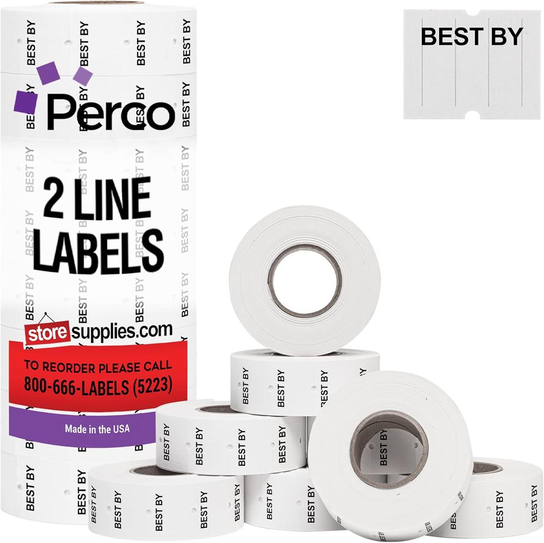 Perco 2 Line "BEST BY" Labels - 8 Rolls, 1 Sleeve, 6,000 Blank Date Gun Labels for Perco 2 Line Date Guns - Made in USA