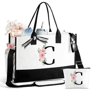 Mothers Day Gifts for Women Birthday Gifts for Women Large Initial Canvas Tote Bag Makeup Bag Beach Travel Shopping, Letter C