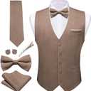 Barry.Wang Mens Suit Vest Linen Formal/Casual V-neck Waistcoat Tie Bow Tie Set Solid Color 6PC Wedding Party Tuxedo (Brown, S)