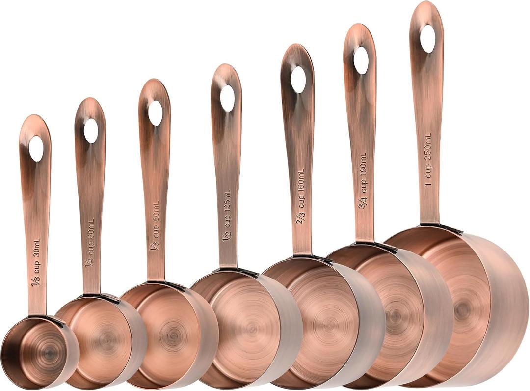 Measuring Cups Set, Copper Measuring Cup Set 7, Stainless Steel Measuring Cups, Kitchen Metal Measuring Cup, Dry Baking Measuring Cups Set, 1/8, 2/3 & 3/4 Heavy Duty Measure Cups for Food, 7 different sizes