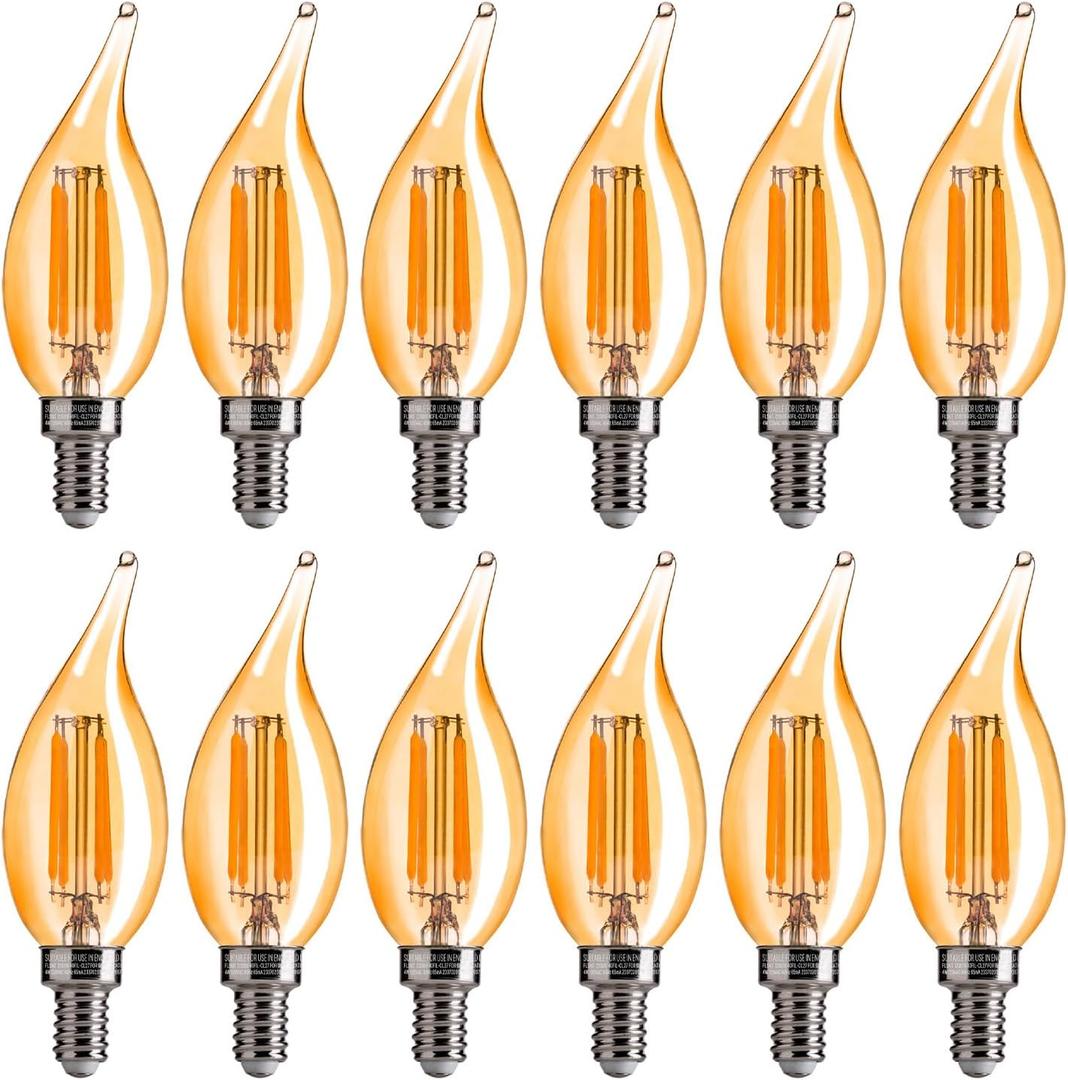 FLSNT CA11/E12 LED Chandelier Light Bulbs 40W Equivalent, Dimmable Candelabra Bulbs, 2200K Warm White, Amber Glass, 330 Lumens, 12-Pack, UL & CA65 Listed