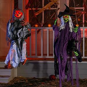 Amazon.com: JOYIN 2 Pcs Halloween Hanging Swinging Ghosts Decorations Outdoor, Witch and Pumpkin Face with Lighted Up Eyes, Outside for Yard Patio Lawn Garden Party : Patio, Lawn & Garden