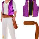 Funna Arabian Costume Men Adult Prince Dress Up 5 Piece Outfit with Vest, Hat, Shirt, Pants, Belt for Party Supplies, (Small, Purple)
