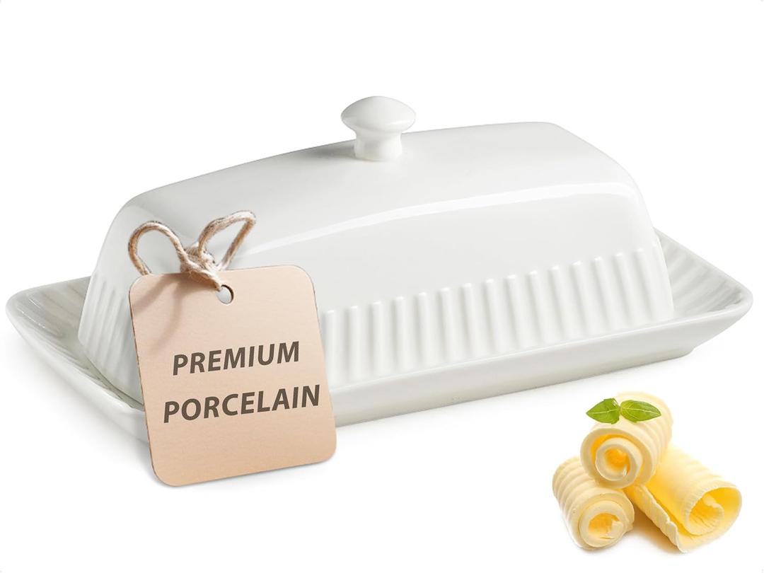 Ceramic Butter Dish with Lid, White Butter Holder Container with Porcelain Cover Knob Handle, Butter Dishes for Countertop Refrigerator, Perfect for East West Coast Butter Storage, Striped (Stripe-8.25")