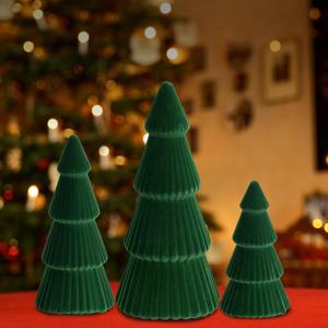 Set of 3 Christmas Tree Velvet Decorations,Dark Green Modern Velvet Cone Christmas Tree Figurine Centerpieces Gifts for Xmas Holiday Table Mantel Living Room Home Decor