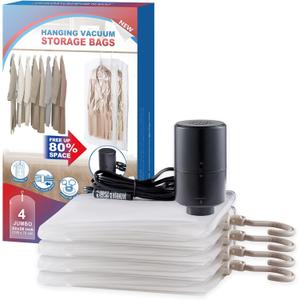 Hanging Vacuum Storage Bags, 4 Pack Hanging Storage Bags for Clothes With Electric Pump, Vacuum Sealed for Suits, Dress, Jackets (4 Long)