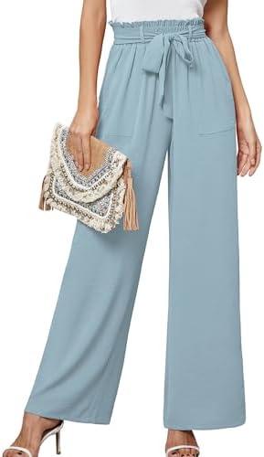 Heymoments Women's Wide Leg Lounge Pants with Pockets Lightweight High Waisted Adjustable Tie Knot Loose Trousers Light Blue, Small