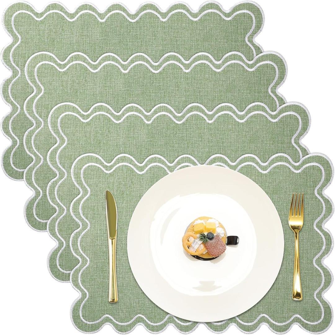 Set of 4 Cotton Linen Placemats, 13x19 Inch Scalloped Wavy Embroidery Placemat Double Layered Washable Rustic Rectangle Dinner Table Mats for Kitchen Wedding Home Party Decor(Sage Green)