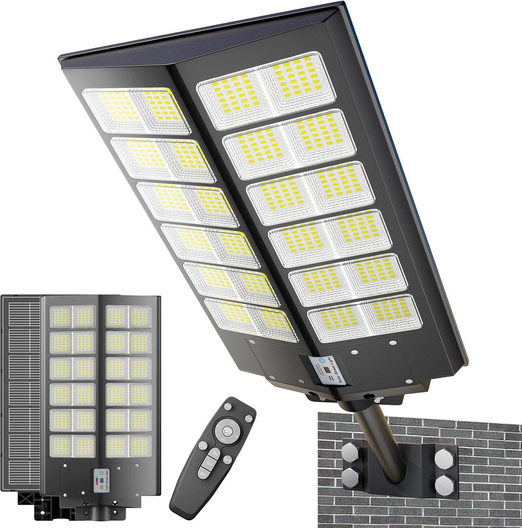 9000W Solar Street Light Solar Street Lights Outdoor 120000LM, Commercial Parking Lot Light 7000K,Flood Outdoor Lights IP66 Waterproof with Motion Sensor, (Black)