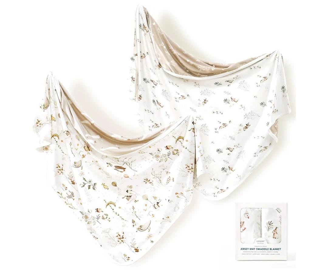 GRSSDER Baby Blankets Super Soft Stretchy Jersey Swaddle Blanket 2 Pack for Baby Boys, Double Layer Reversible Receiving Blankets 34 x 44, Extra Large for Swaddling, Cute Duck & Rabbit