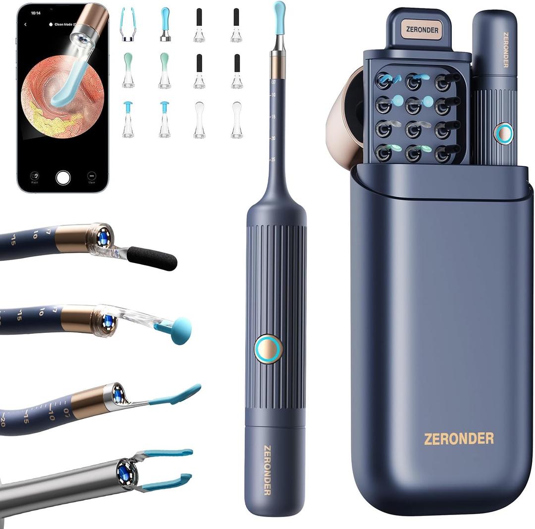 Ear Wax Removal Tool Kit: ZERONDER Ear Cleaner with Camera 1080P HD for Adults & Kids - Safe Ear Canal Cleaning with LED Lights