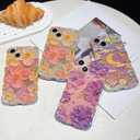 2 x Compatible with iPhone 13 Pro Case for Women, Cute Curly Wave Frame Shape, Colorful Retro Oil Painting Flower Laser Beam Glossy Pattern, Compatible with iPhone 13 Pro, Moon