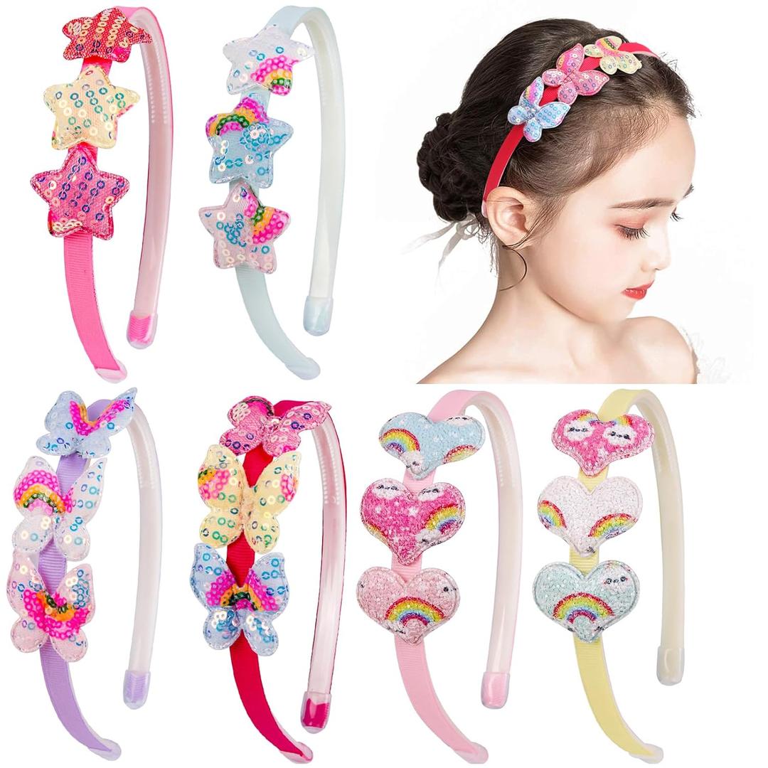 Fishdown Girls Headbands for Kids Glitter Toddler Girl Sequin Hairbands Glitter Heart Rainbow Butterfly Star Non-slip with Teeth (6 PCS) (Color-1)