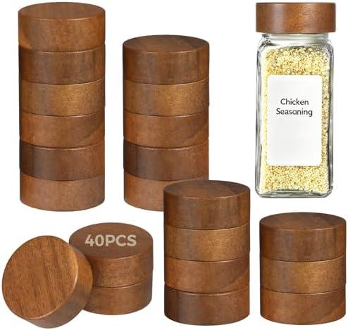 40 Pcs Spice Jar Lids Acacia Wood - Wooden Airtight Lid for 4 oz & 8 oz Spice Jars,1.61 Inch Inner Diameter Reusable Canning Lids for Jars, Kitchen Storage Containers