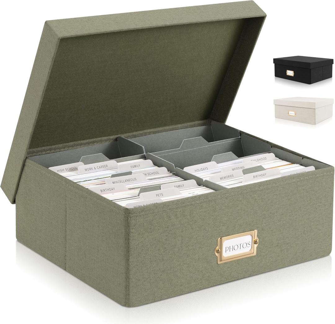 ZICOTO Decorative Photo Storage Box - Sturdy Linen Photo Organizer with Dividers is Perfect to Store Up to 1700 Pictures and 4x6 Photos - Portable Scrapbook Storage Containers with Lid (Sage)