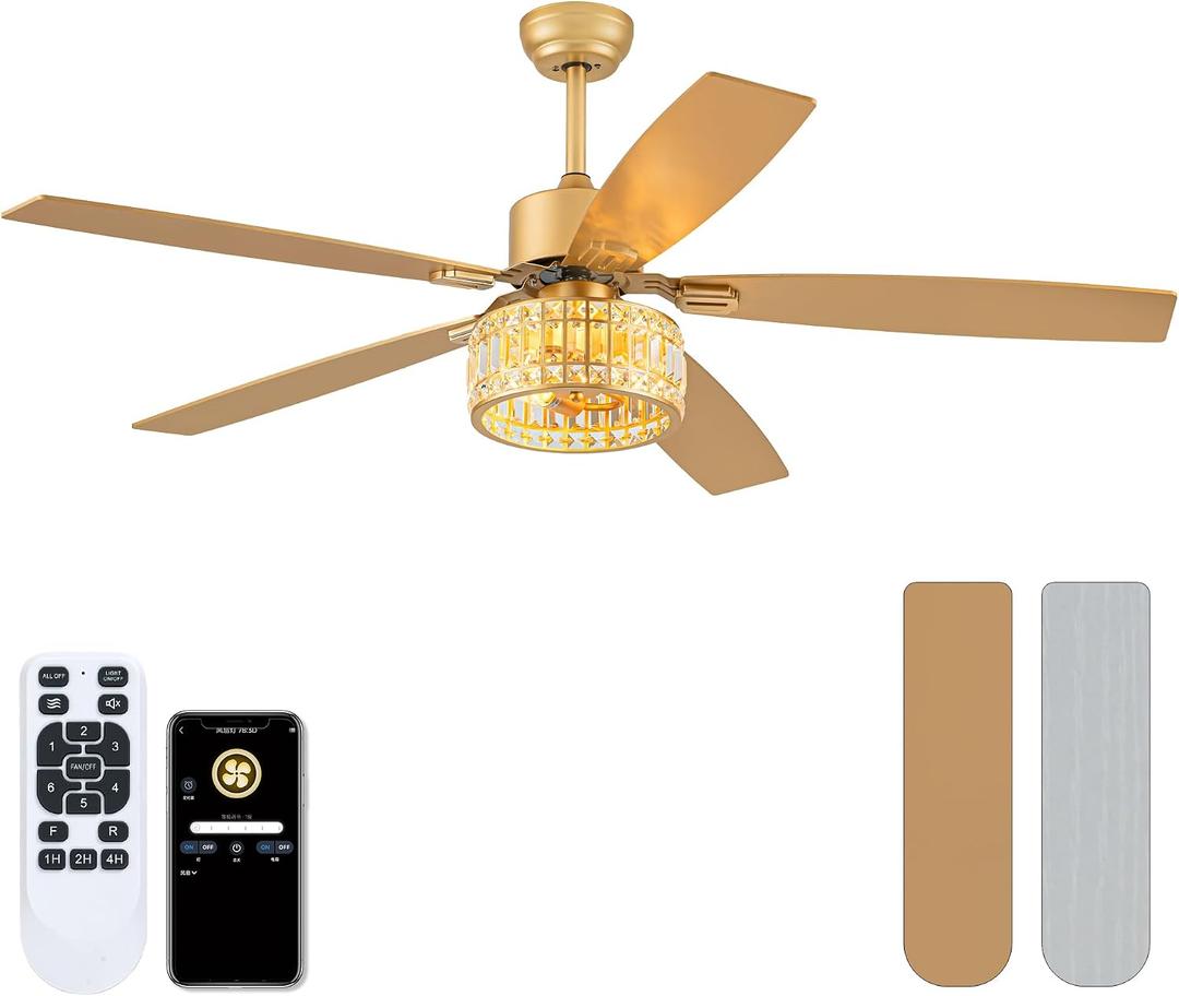 Chandelier Caged Ceiling Fans With Lights And Remote, Gold 60 In
6 Speed, 3 Timer, E26 Bulbs Lighting, Remote APP Control, 2 Blade Reversible Color for Bedroom, Indoor, Living Room
