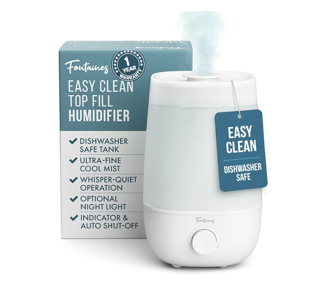 Fontaines Luxury Top-Fill Cool Mist Humidifier - 360° Ultra-Fine Spray, Whisper-Quiet Operation, Dishwasher-Safe Tank, Nightlight & Auto Shut-Off, Easy to Clean for Home, Bedroom, Baby Nursery