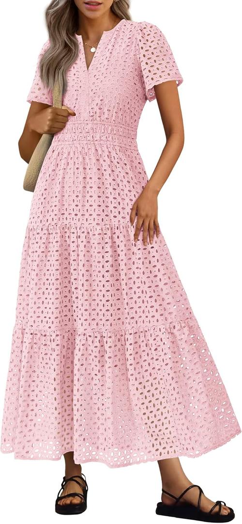 PRETTYGARDEN Womens 2026 Summer Maxi Dress Short Sleeve V Neck Hollow Out Eyelet A Line Long Flowy Beach Vacation Dresses (Pink, M)