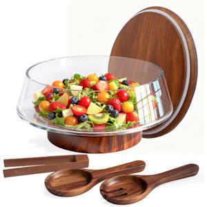 Extra Large Glass Salad Bowl with Lid Set, 5-Qt (160 fl oz) Mixing/Serving Bowl with Wood Base & Salad Servers, Trifle Bowl for Kitchen, Parties & Christmas