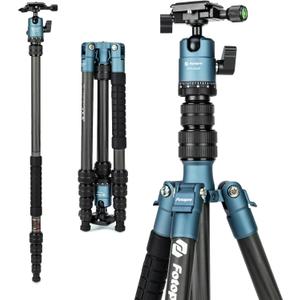 Fotopro 59" Carbon Fiber Travel Tripod, Compact Camera Tripod with Ball Head, Detachable Monopod with Quick Release Plate and Bag, Load up to 8KG/17.63lbs, Blue