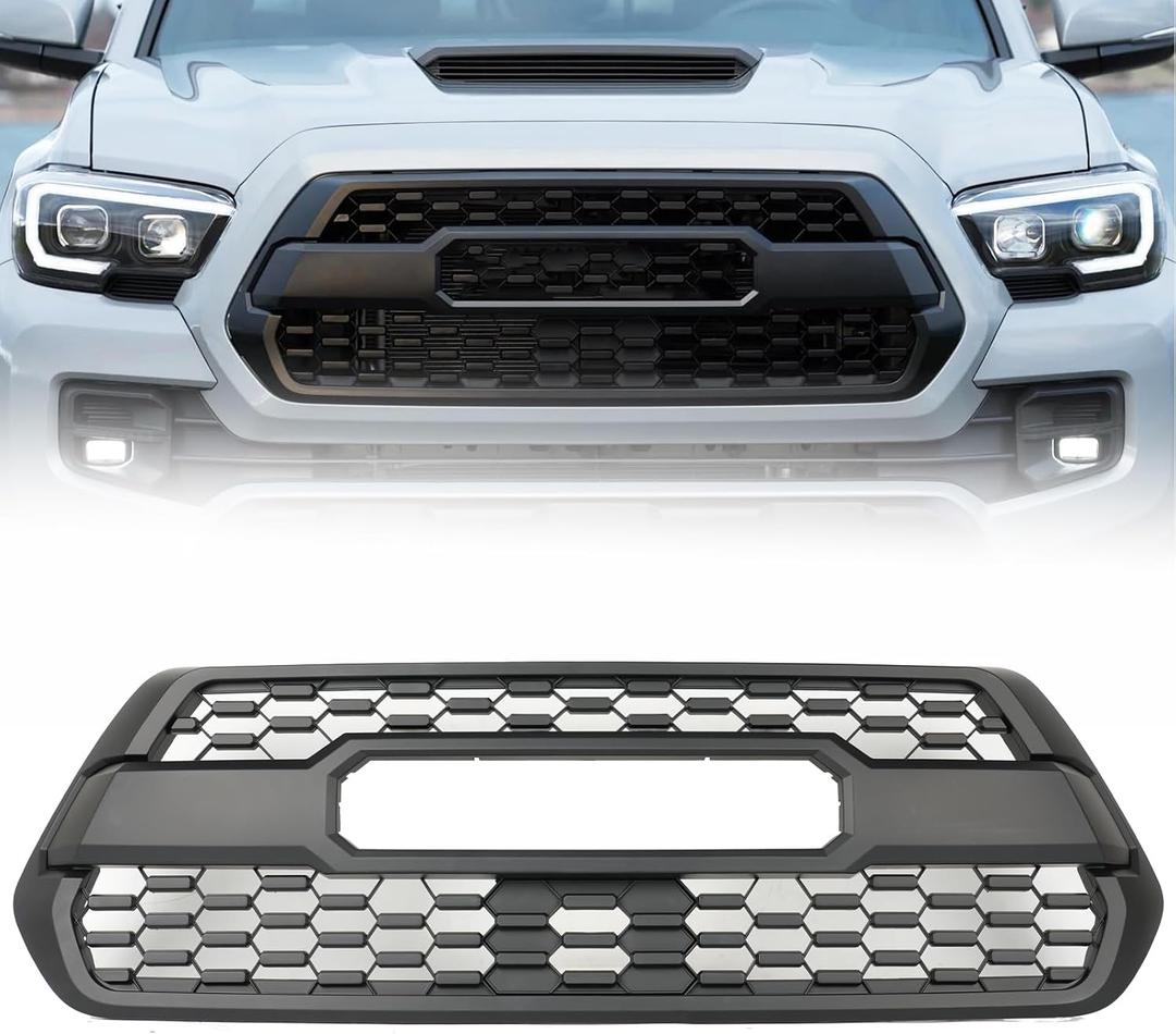 Matte Black Bumper Grille Assembly Fit for 2016-2023 Toyota Tacoma SR/SR5/TRD Bumper Grill Shell Front Upper Grille Hood Grill Accessories W/O Letters