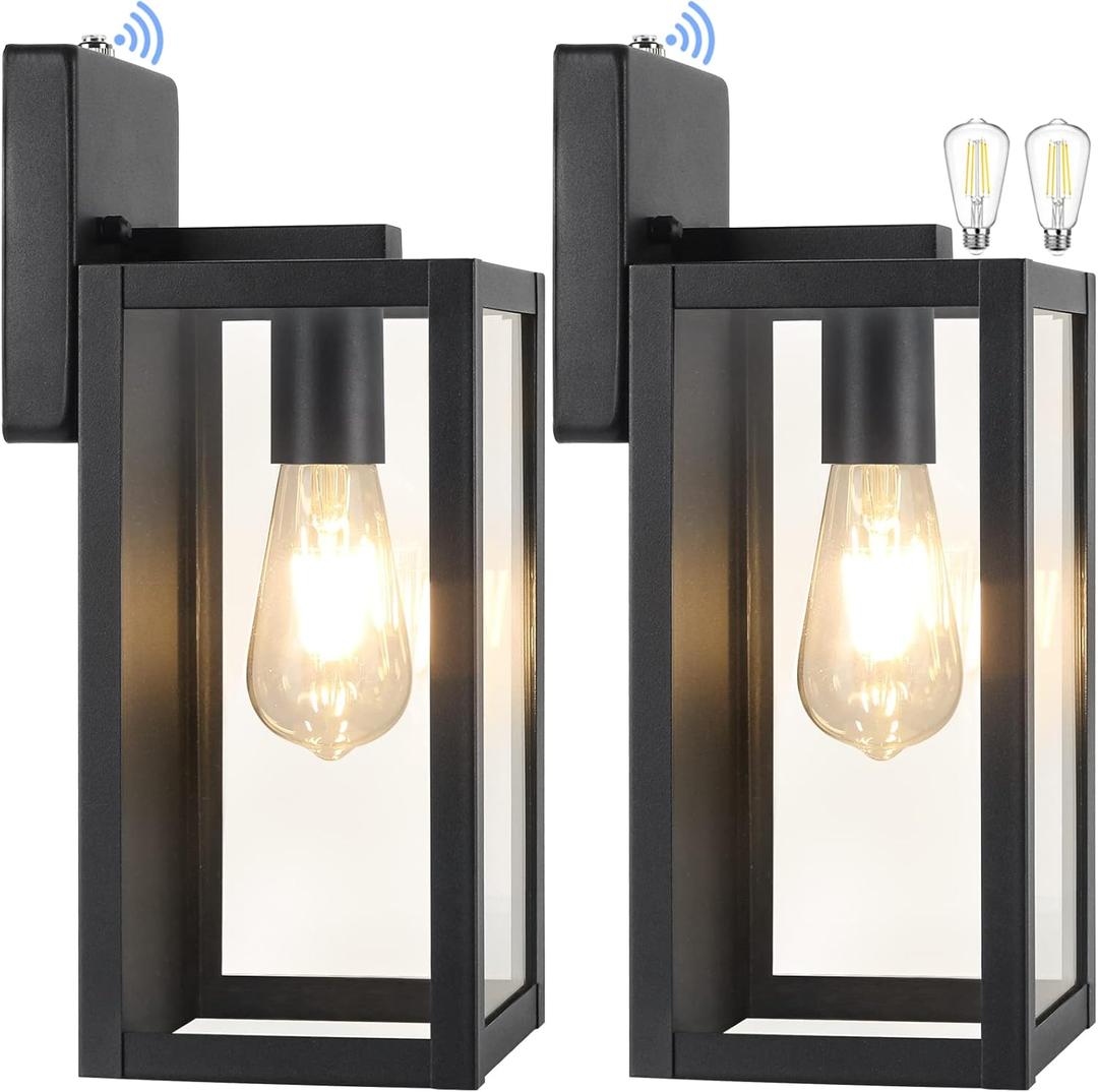2-Pack Dusk to Dawn Outdoor Wall Light Fixtures with 2 LED Bulbs, Exterior Wall Mount Lanterns Waterproof, Wall Sconces in Matte Black Anti-Rust Wall Lamps with Clear Glass for Doorway Porch Garage (15.35 x 13.19 x 7.01in)
