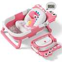 Collapsible Baby Bathtub for Newborn, Foldable Baby Bath Tub with Thermometer & Soft Floating Cushion & Drain Hole, Portable Travel Infant Bath Tubs for Newborns to Toddler 0-36 Months Girl, Pink