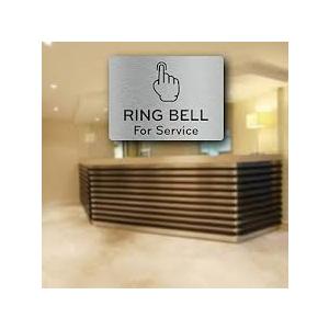 Metallic Silver 'Ring Bell For Service' Sign with Bell Icon - Aluminium Self-Adhesive Peel and Stick Hospitality Signage for Hotels and Restaurants - Easy Install Customer Service Reception Desk Sign