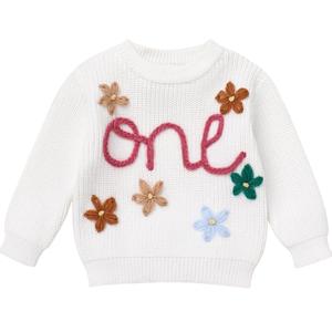 IDOPIP Toddler Baby Girls First Birthday Outfit Boho Embroidery One Sweater Top Knit Pullover Sweatshirt Fall Winter Clothes