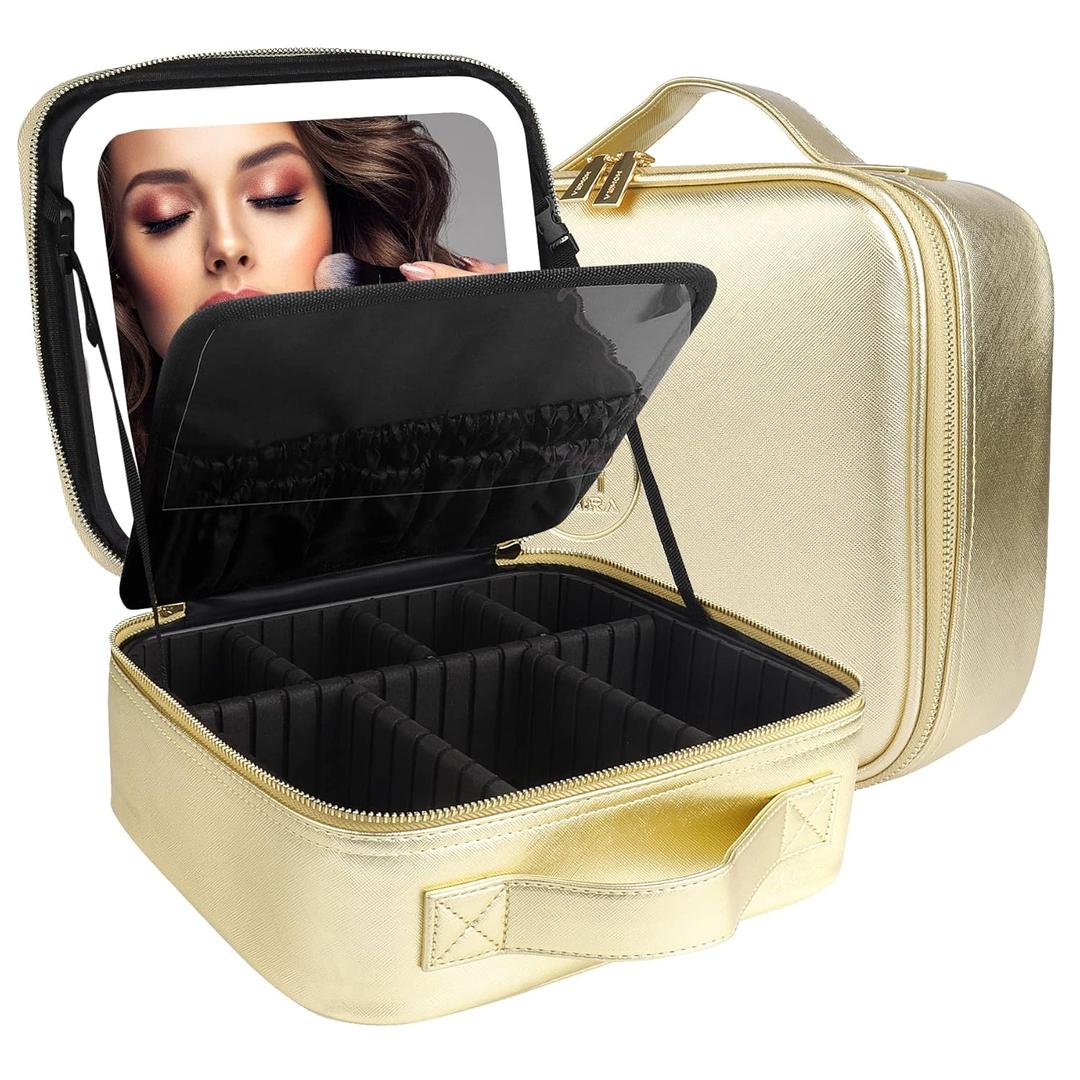 MOMIRA Travel Makeup Bag Cosmetic Bag Makeup Organizer Bag with Lighted Mirror, Adjustable Brightness in 3 Color Scenarios, Waterproof Makeup Train Case, Gift for Women - Golden (Small)