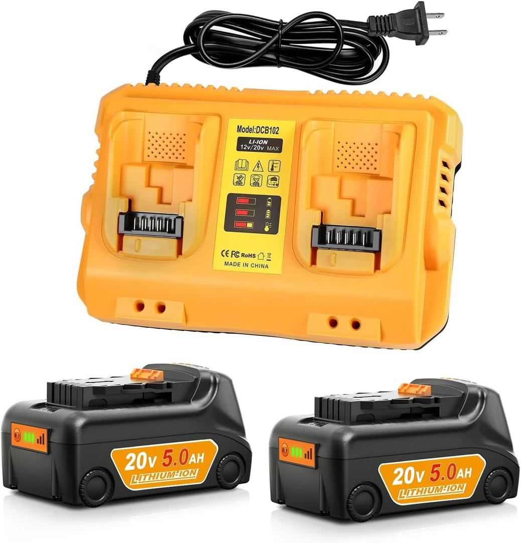 2Pack 5.0Ah Replacement for Dewalt 20V Battery with DCB102 Dual Port Charger (2C+2B, Orange)