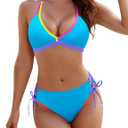 Blooming Jelly Women's Bikini Set Two Piece Swimsuit Triangle Top String Mid Rise Bottom Cheeky Bathing Suit (Blue, L)