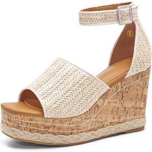 Women's Wedge Platform Espadrille Sandals Braided Open Square Toe Ankle Buckle Strappy Cork Sole Summer Shoes